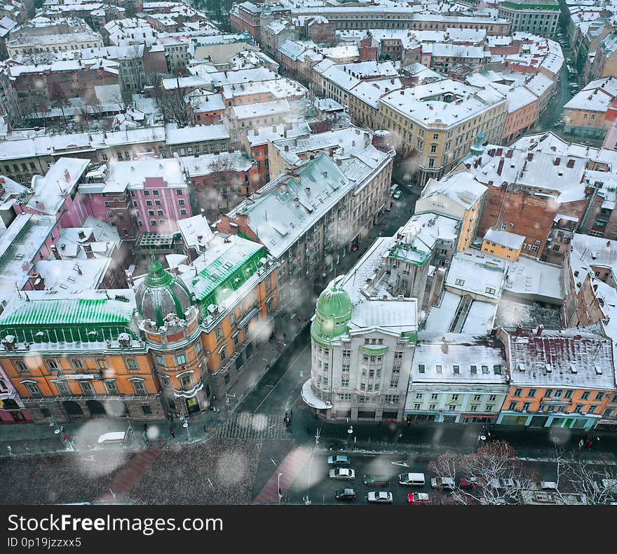 Aerial view of the historical center of Lviv in winter, UNESCO`s cultural heritage