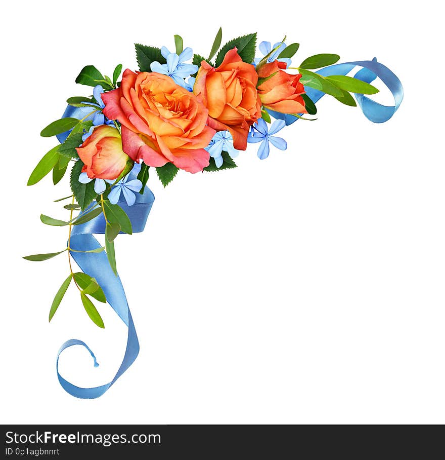 Orange roses and blue small flowers with eucalyptus leaves in a corner floral arrangement with silk ribbon isolated on white background. Flat lay, top view