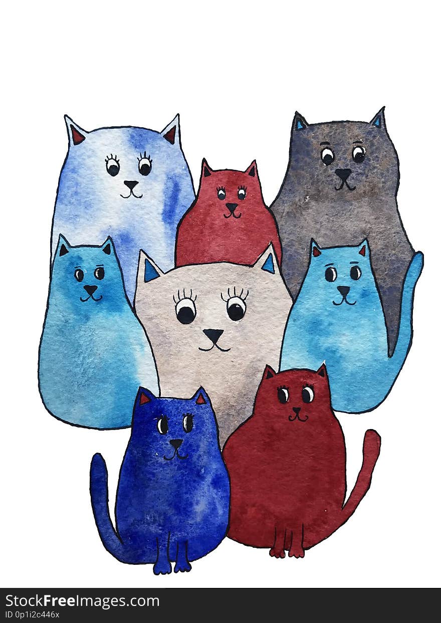 Watercolor illustration of bright cute cats. Cartoon characters can be used for wallpaper, backgrounds, postcard.