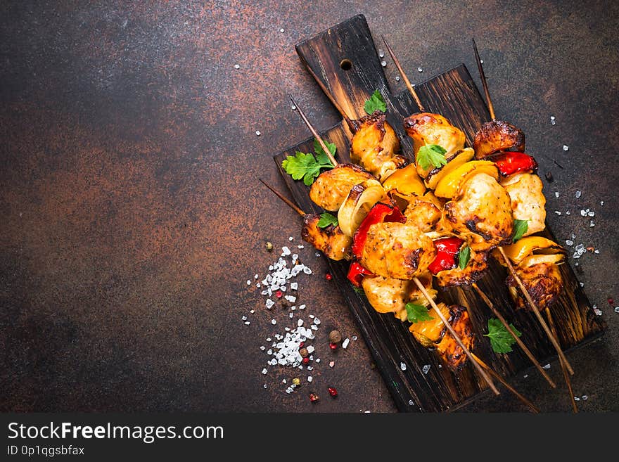 Chicken Kebab With Vegetables On Skewers Top View.