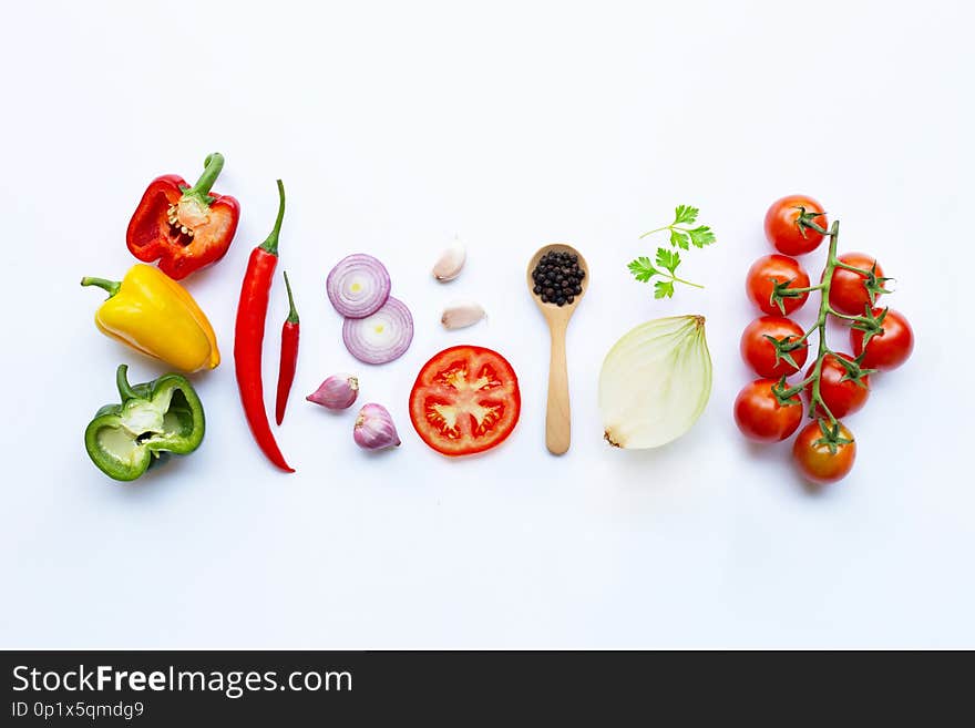 Various fresh vegetables and herbs on white background. Healthy eating concept