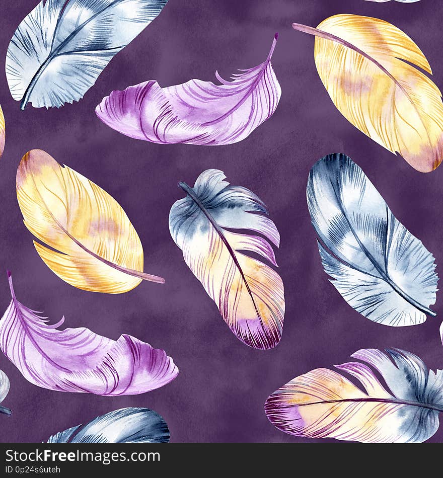 Vintage feathers design. Retro watercolour seamless pattern. Isolated on watercolor background. It can be used for card, postcard, cover, invitation, wedding card, mothers day card, birthday card, poster, print