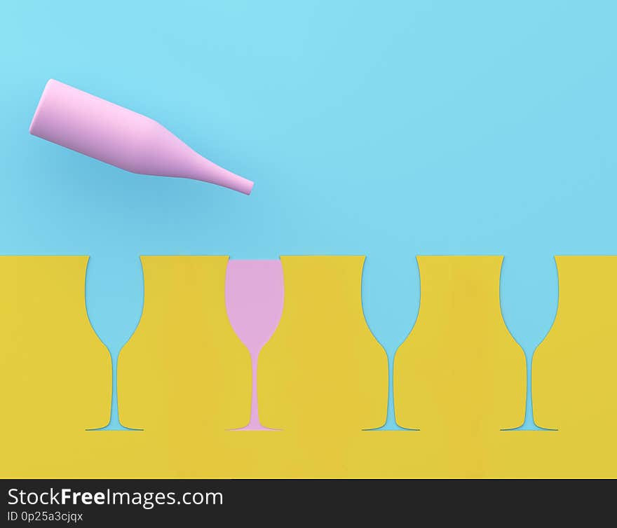 Outstanding pink champagne glass on blue and yellow pastel background. Party minimal concept.