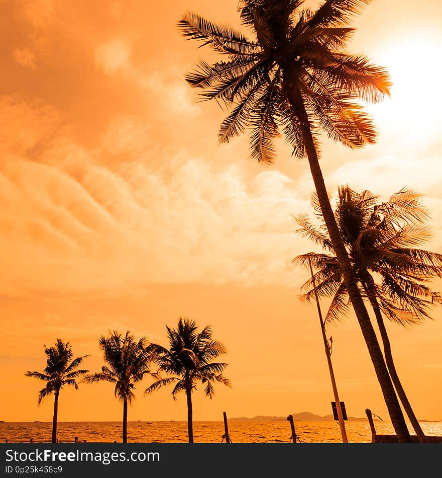 Silhouette of coconut palm trees along the beach and sea with sun highlight sky and clouds background in summer orange tone