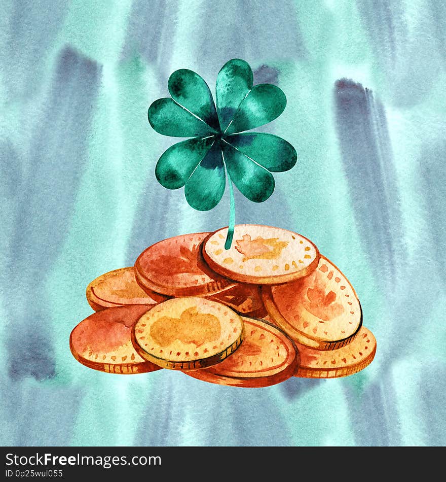 Bunch of gold coins. Watercolor illustration. The way of luck.