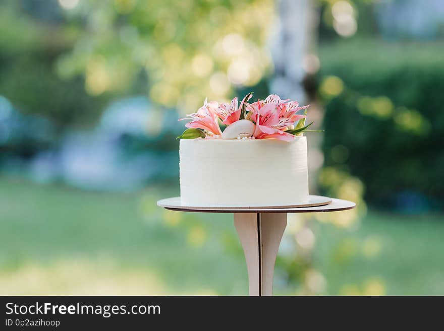 Wedding cake at the wedding on the table