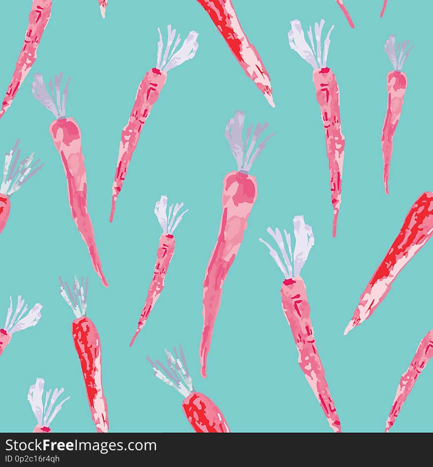Hand painted watercolor carrots on acqua background seamless pattern. Great for invitations, fabric, wallpaper, gift-wrap. Surface pattern design
