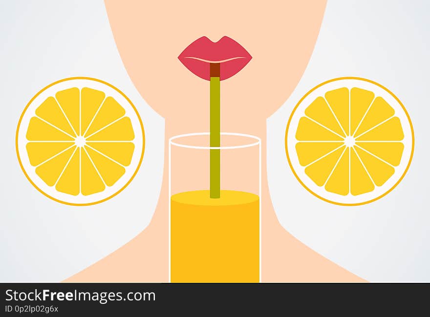 Cartoon flat style girl drinking orange juice through a straw. Vector Illustration.