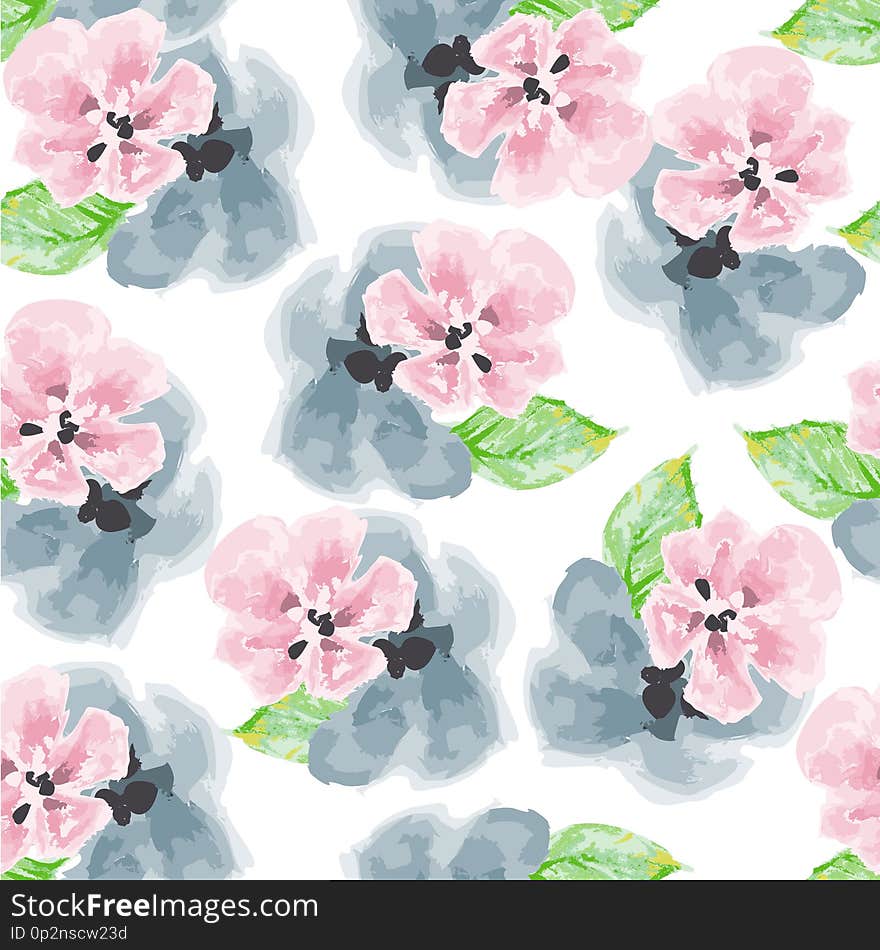 Watercolor pink and blue flowers pattern over white background