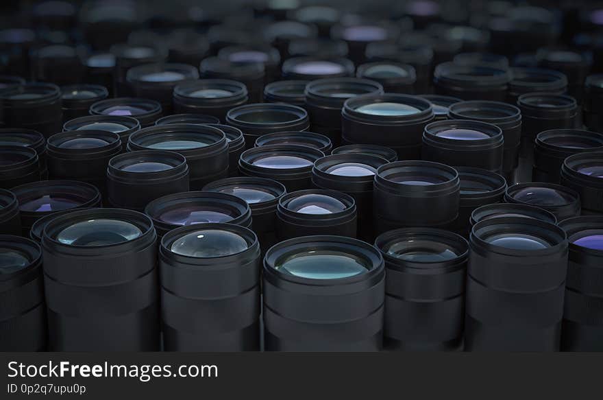 Collection of many DSLR camera lenses. Photographic equipment concept. 3D rendered illustration.