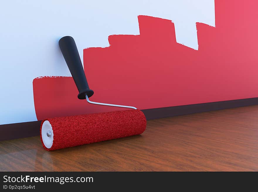 Room Painting Concept. Paint Roller With Red Color Indoors. 3D Rendered Illustration.