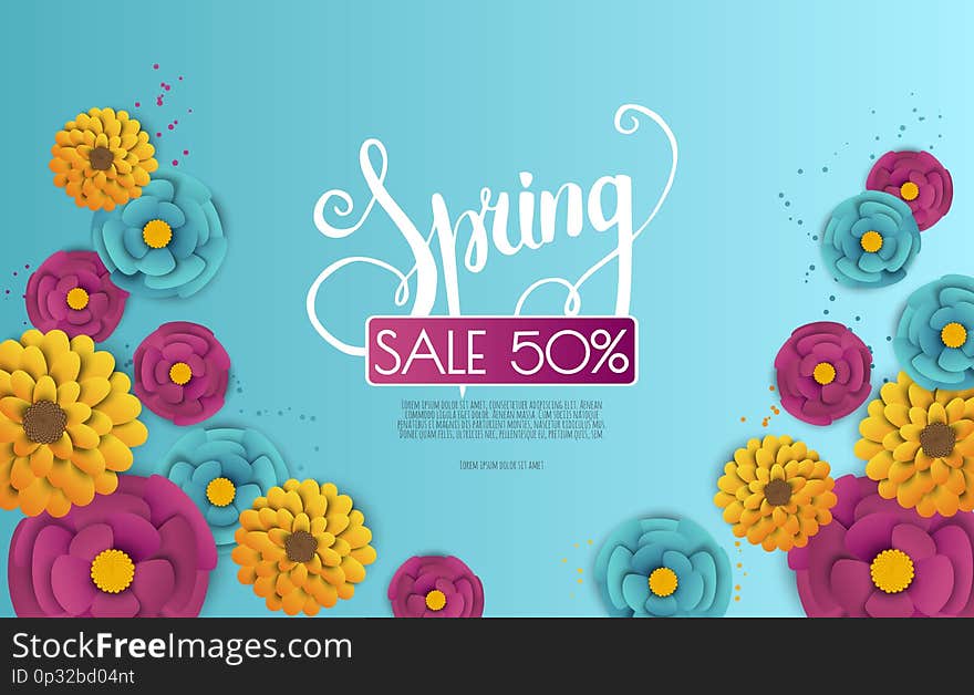 Spring Sale Banner With Paper Flowers On A White Background.