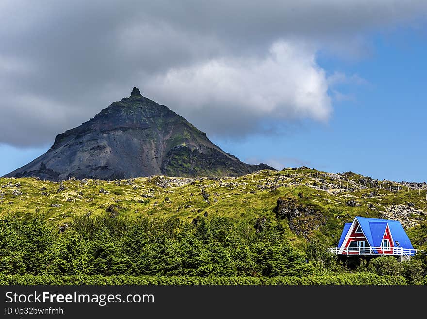 Lonely Icelandic House And Stapafell Mountain Seen From Valasnos Cliffs On Snaefellsnes Peninsula