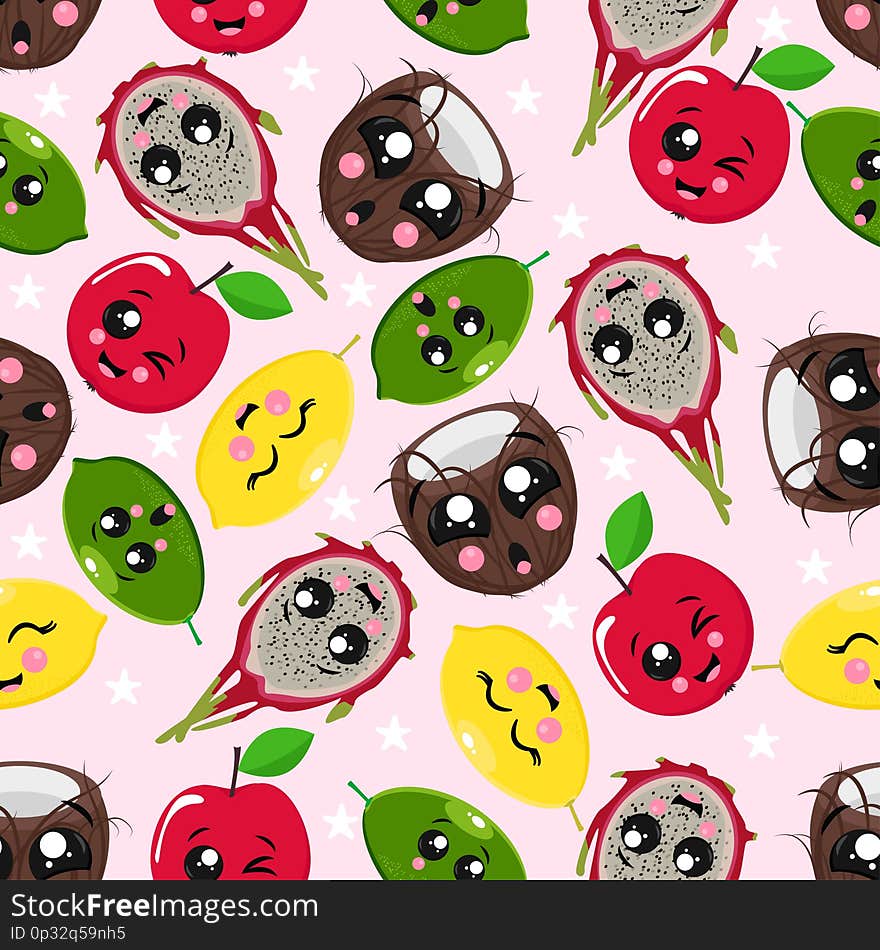 Seamless cute different pattern with fruits and emotions - coconut, lime, apple, dragon fruit. Seamless cute different pattern with fruits and emotions - coconut, lime, apple, dragon fruit