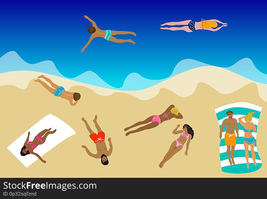 People sunbathing on the beach and swimming in the sea. Holiday design concept. People sunbathing on the beach and swimming in the sea. Holiday design concept.