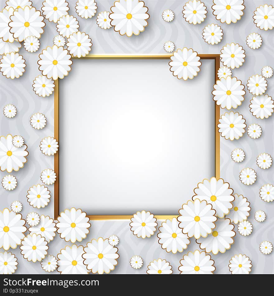 Delicate luxury square frame with chamomile, daisies. Place for greeting text with golden border. Template design greeting card or invitation for a woman or a wedding. Delicate luxury square frame with chamomile, daisies. Place for greeting text with golden border. Template design greeting card or invitation for a woman or a wedding.