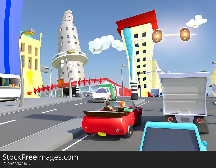 Cartoon city traffic on a crossing with traffic lights