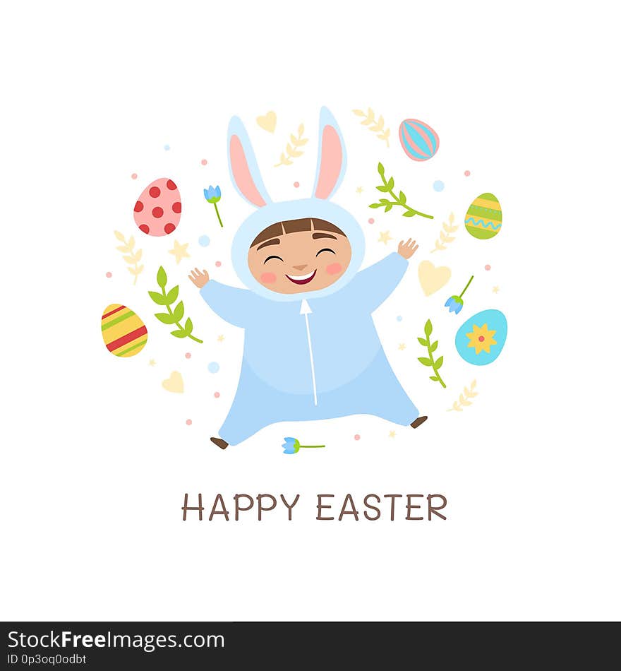 Vector greeting card for Easter. Illustration of a cute child in a rabbit costume