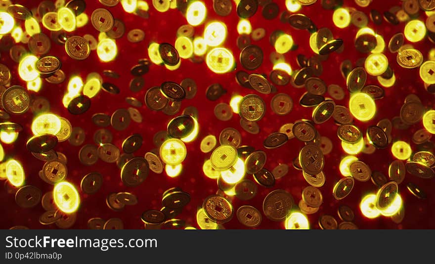 Golden Chinese coins. Red New Year background. Golden Chinese coins. Red New Year background