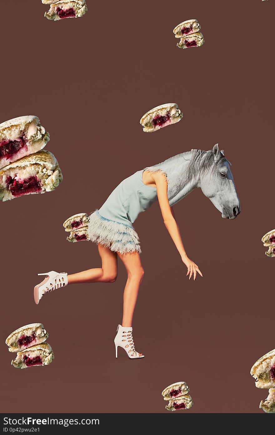 Contemporary art collage. Concept woman with horse head.