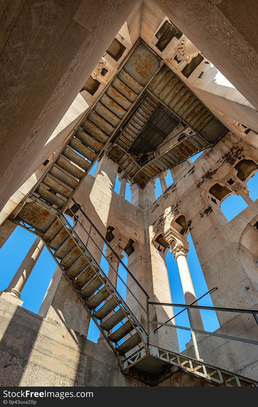 View looking up at the interior of the bell tower of Saint Domnius Cathedral in Split, Croatia. View looking up at the interior of the bell tower of Saint Domnius Cathedral in Split, Croatia