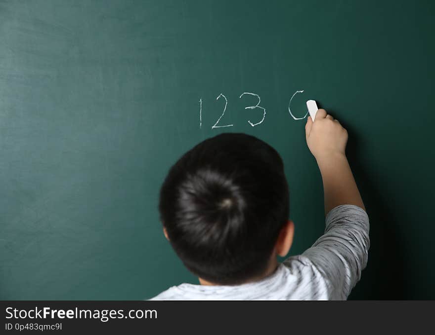 Child writing math sum on chalkboard.