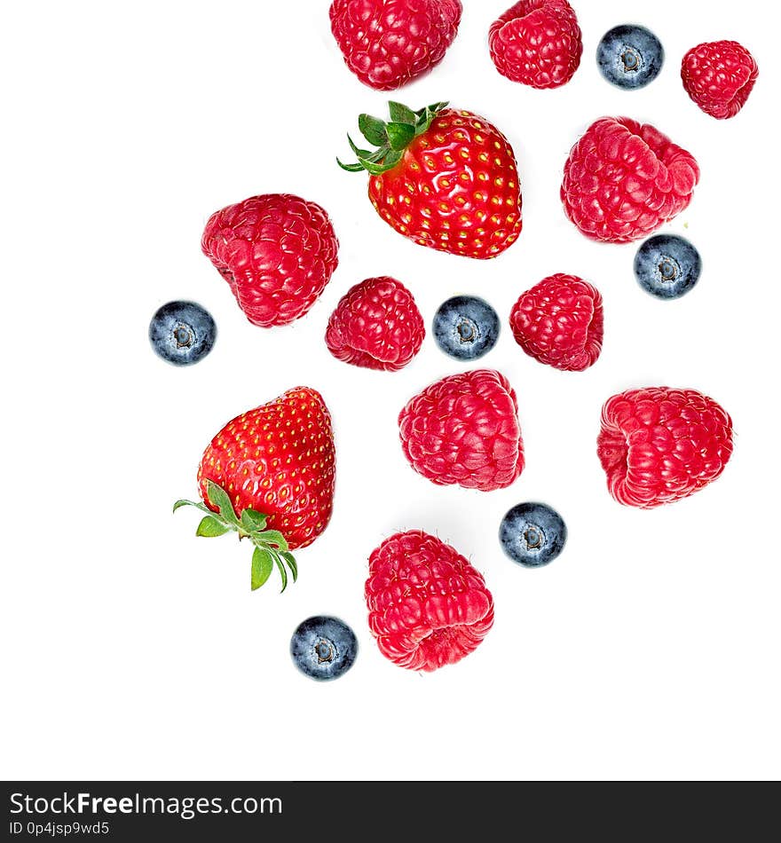 Mixed Summer Berries. Strawberry, Raspberry, Blueberries and Mint leaf isolated on white background, top view, flat lay..