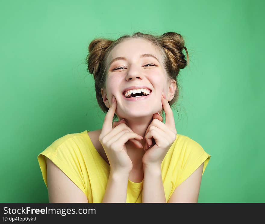 Lifestyle, emotion and people concept: Portrait of beautiful cheerful girl smiling laughing looking at camera