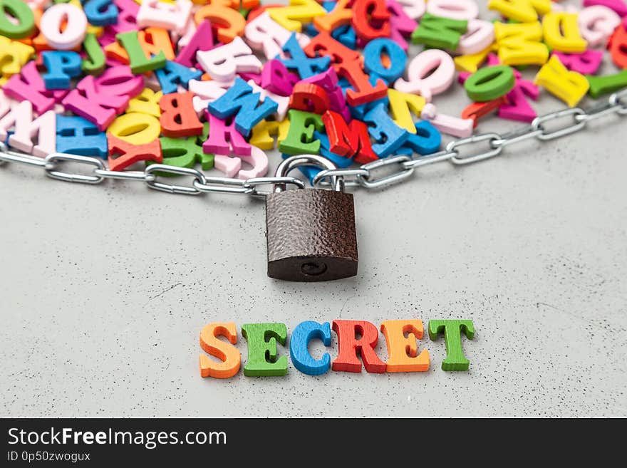 Secret Information. Letters of information symbol wrapped in chain and locked.