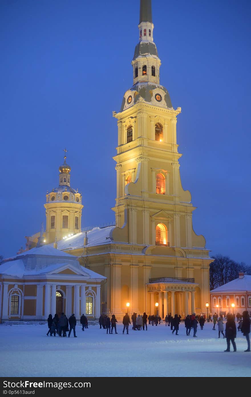 Peter and Paul Cathedral in St.Petersburg at winter evening, Russia