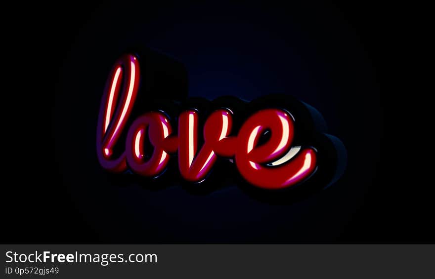 The word love is in small, red letters moving slowly on dark blue background. Volumetric letters and the inscription love making a half turn, seamless loop