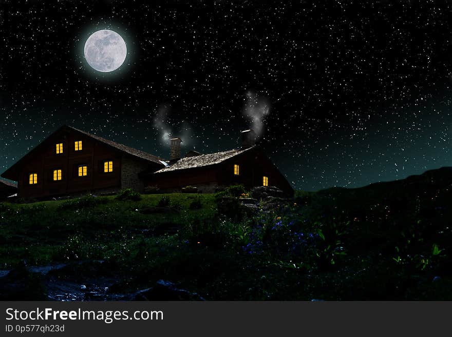 Old mountain style house in a starry night sky with full moon and copy space for your text