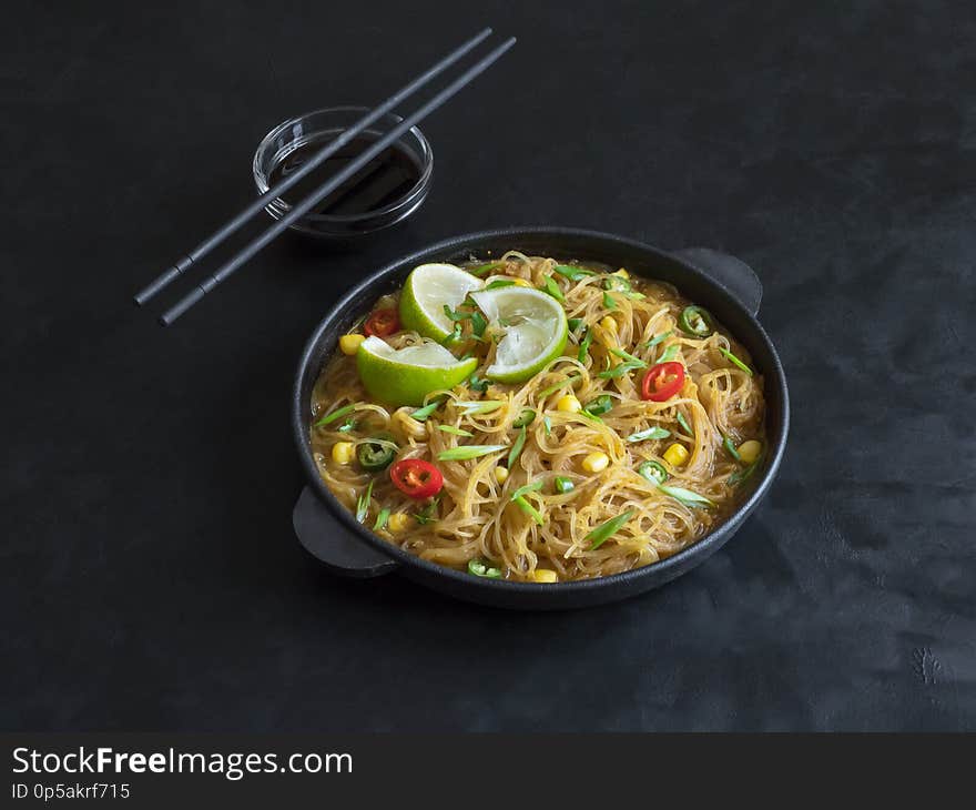 Thai Red Curry Noodle Soup. Spicy Asian soup. Top view.