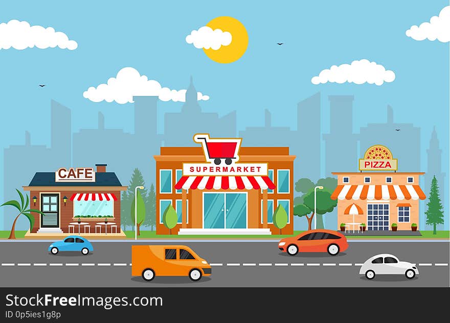 Shop Store Small Business Landscape in Town Urban with Tree Sky Illustration