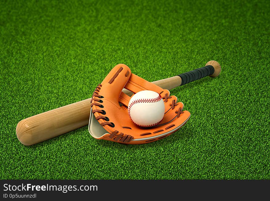 3d rendering of baseball bat, glove and ball on green grass. Recreation and leisure. Keep fit. Stay strong and healthy.