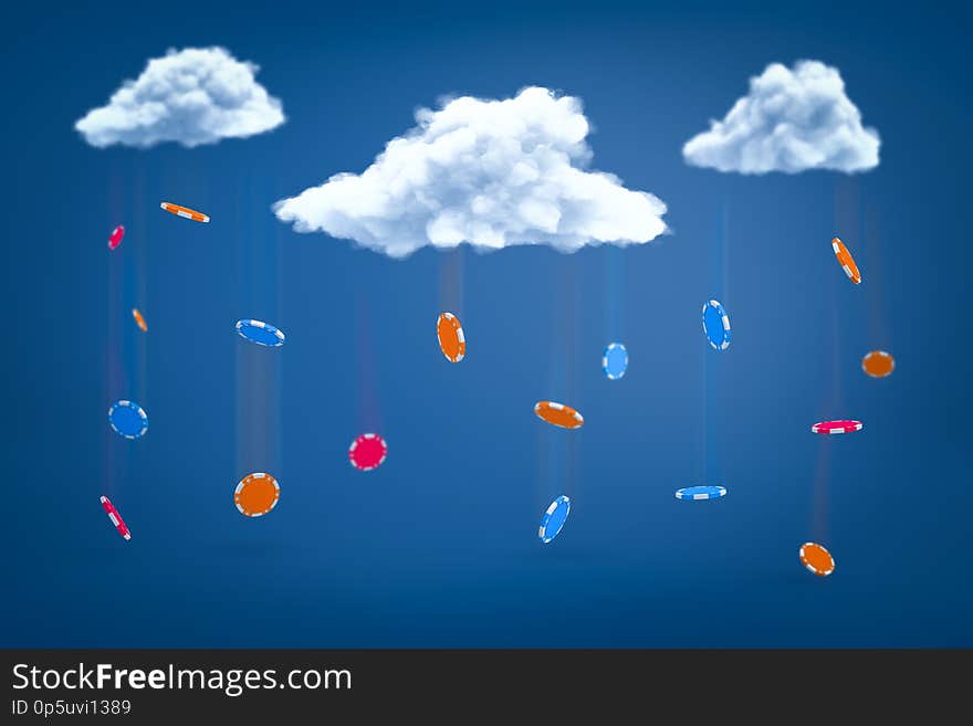 3d rendering of casino chips falling out of white clouds on blue background