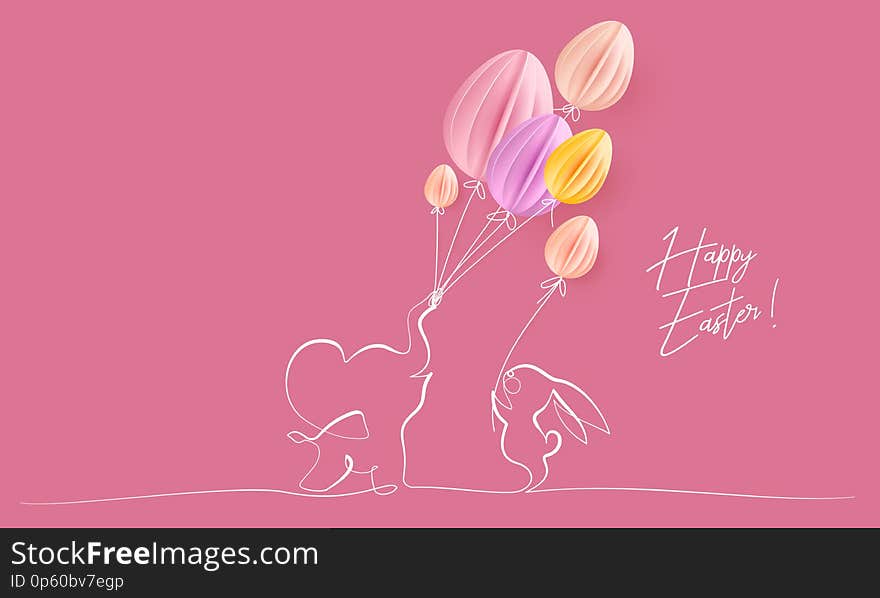 Happy Easter. Cute little elephant with balloons