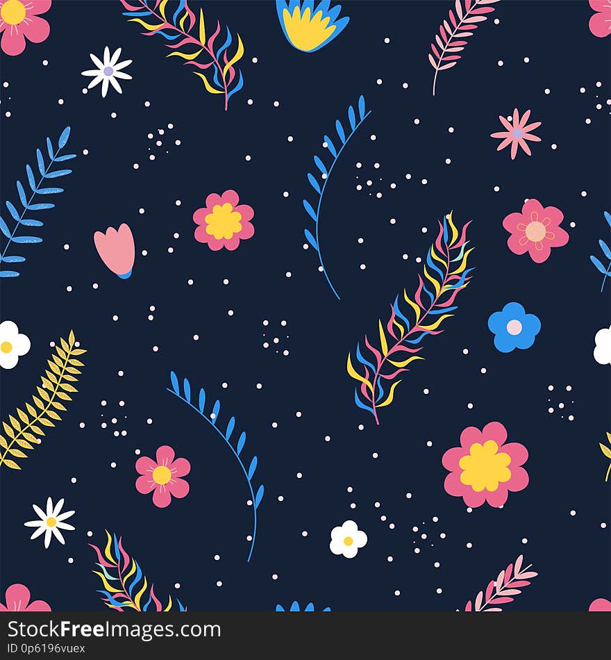 Summer floral seamless pattern. Flowers and branches in bright colors. Vector illustration.