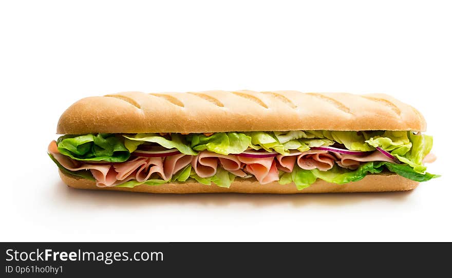 Sandwich with bacon and vegetables isolated on white