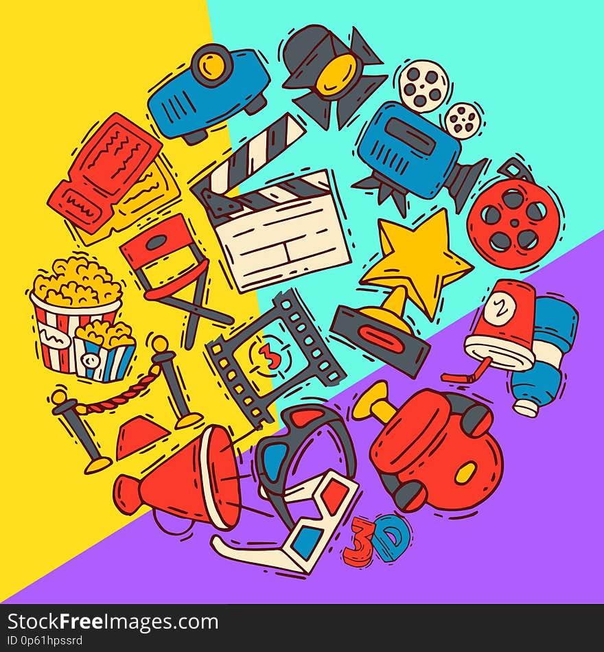 Cinema festival icons poster flyer media production background vector. Sale ticket banner. Movie time and entertainment