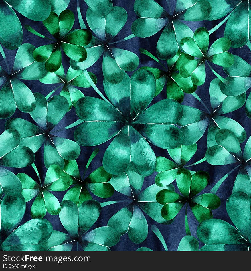 Seamless Pattern With Green Clover Trefoil Leaves. Hand Drawn Watercolor Background. Original Painting.