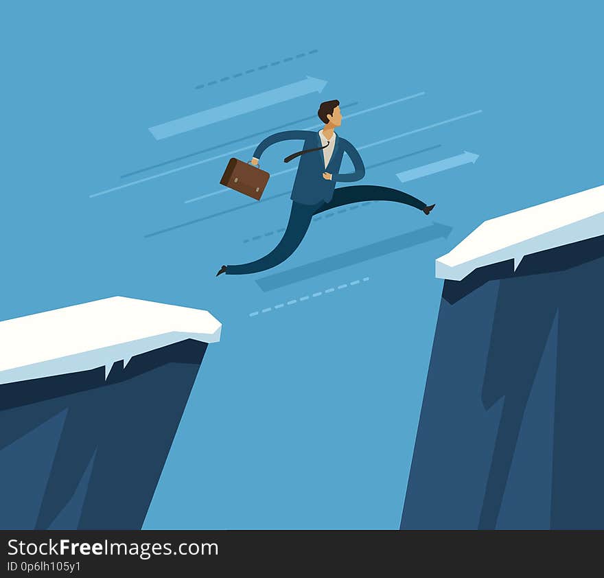 Businessman jumping over chasm. Business concept. Vector illustration