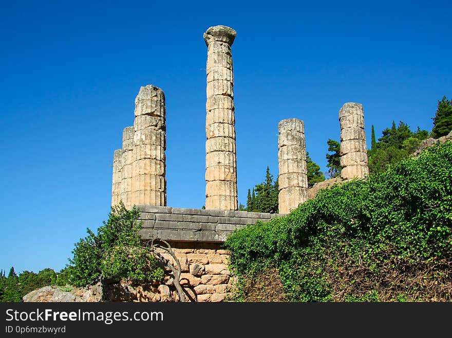 Delphi, Greece: Collonade of Temple of Apollo with Delphi Oracle, Centre of Greek culture