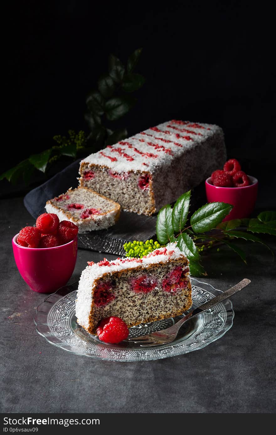 Poppy Seed Cake With Raspberries And Grated Coconut