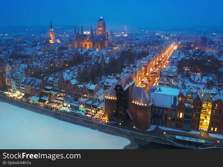 Aerial view of Gdansk at dusk in winter scenery, Poland