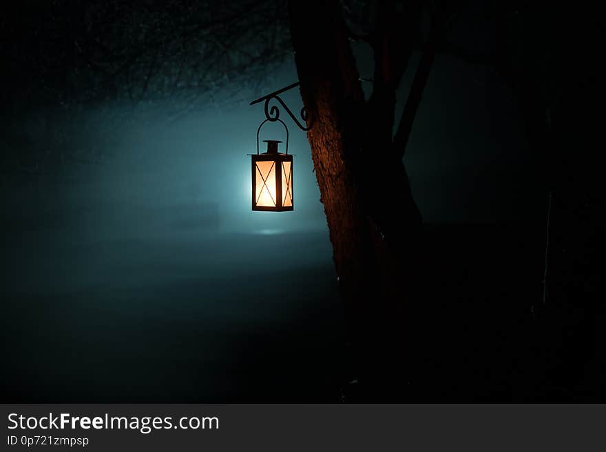 Beautiful colorful illuminated lamp in the garden in misty night. Retro style lantern at night outdoor. Selective focus