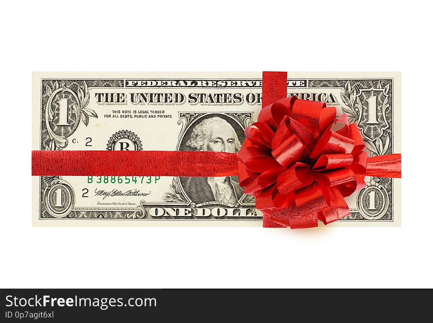 1 dollar cash money with red ribbon isolated on white background. One US Dollar bill.
