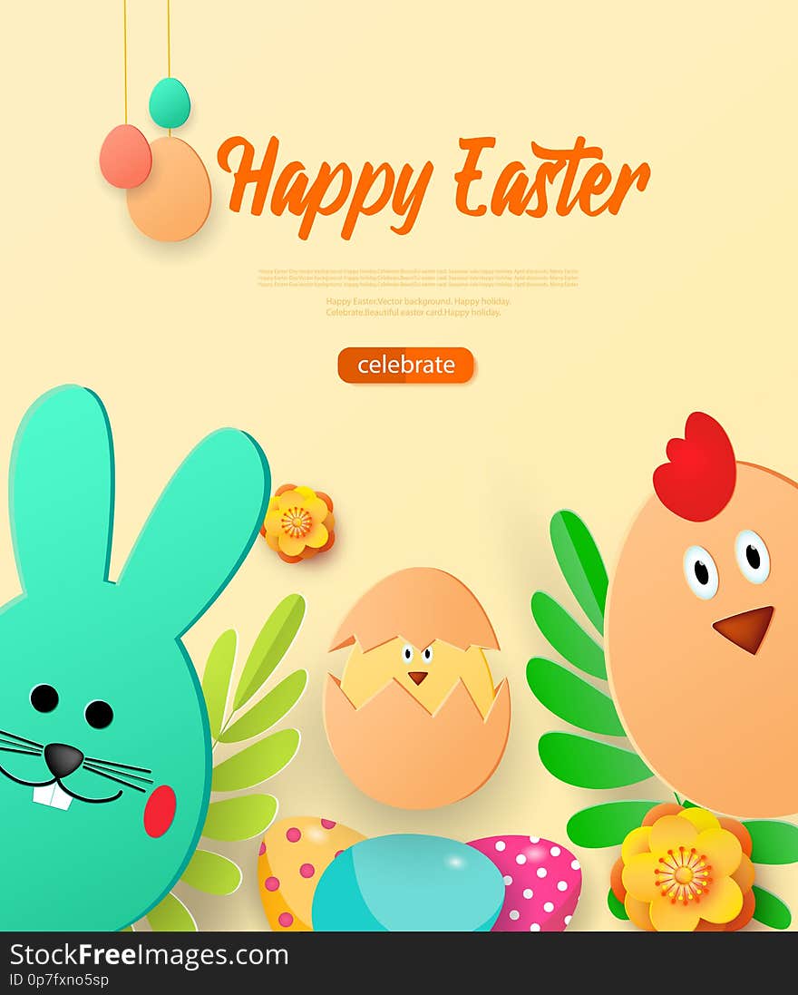 Bright greeting card with Happy Easter. Easter bunny and chicken looking on a light background. Flowers, eggs and greens. Template