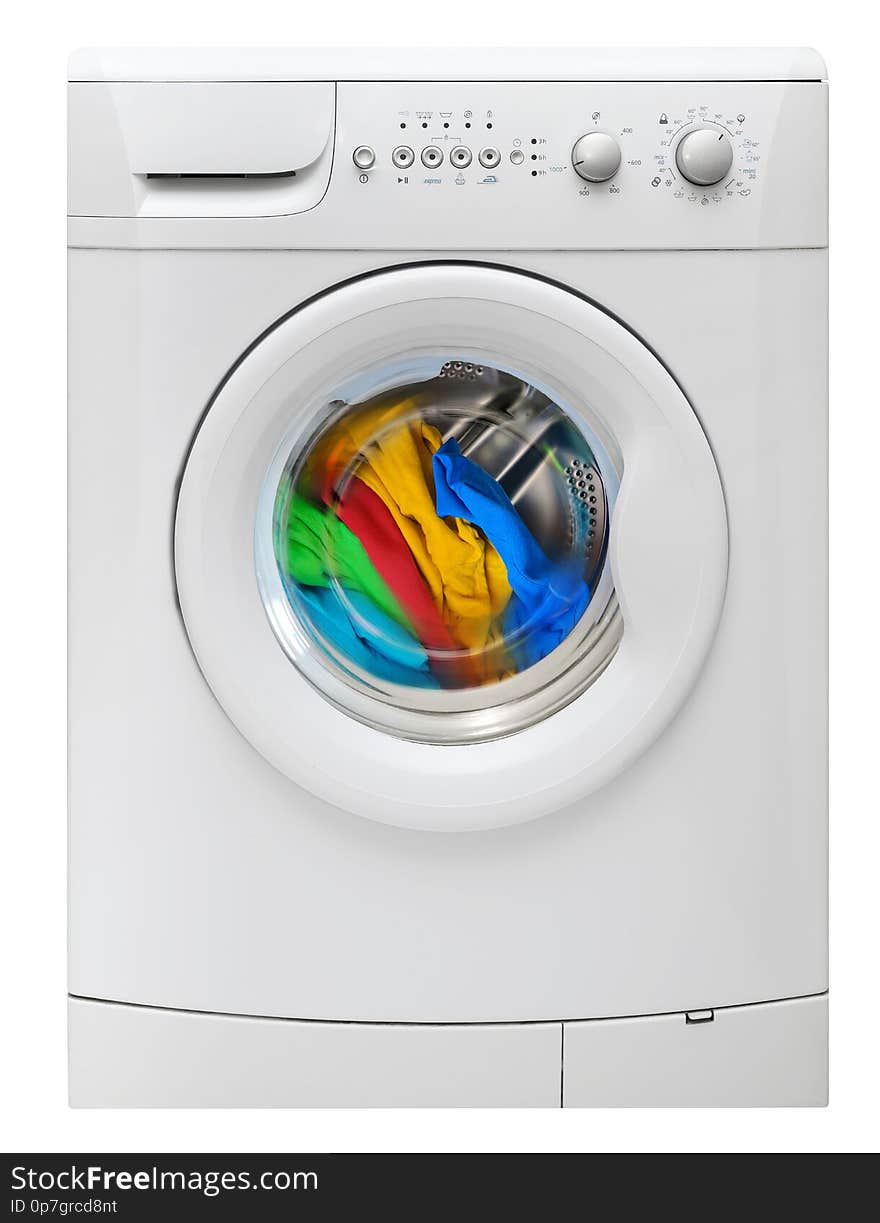 Washing machine with multicolored clothes isolated on white