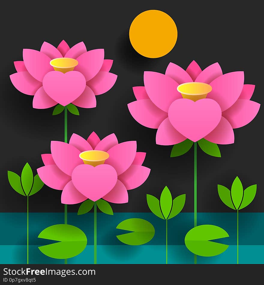 Paper Flower. Lotus. Black Background. Vector Illustration